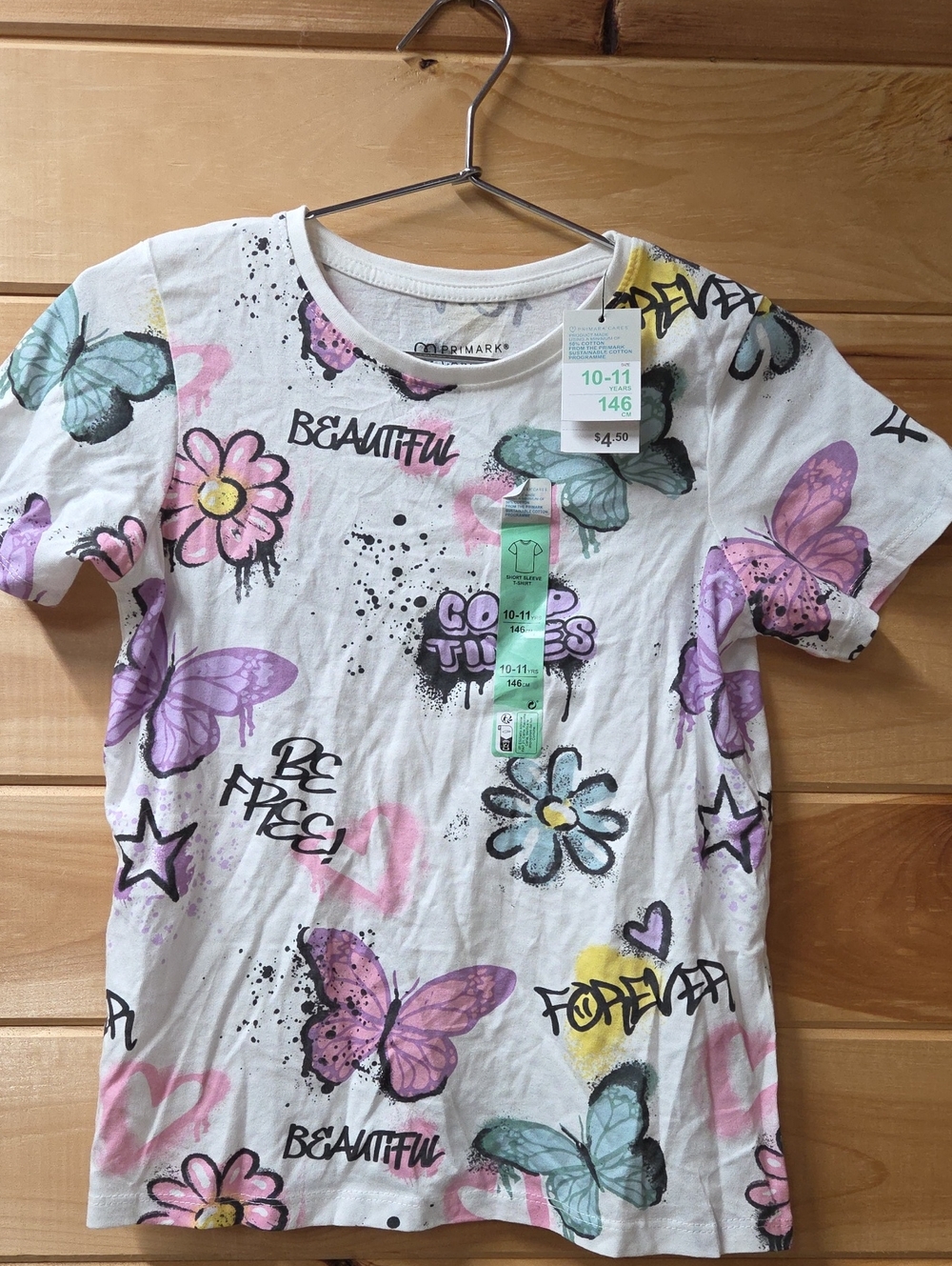 Primark White Tee with Pink, Purple & Teal Butterfly Print